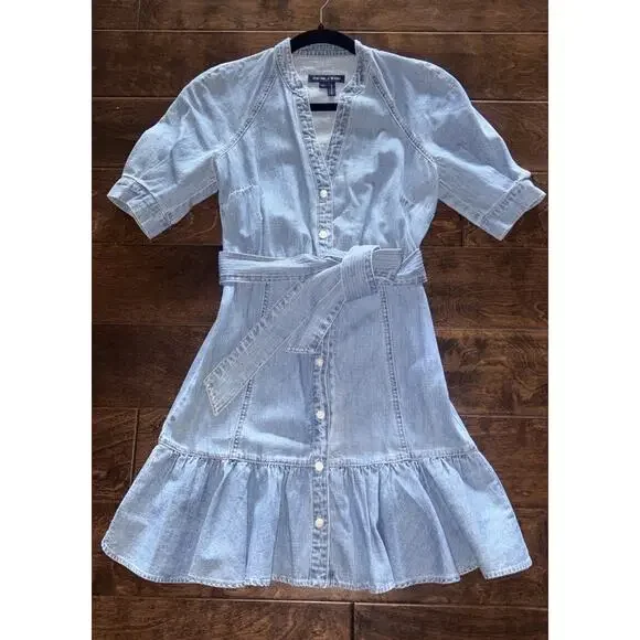 Veronica Beard blue denim Kanika flounce hem belted dress Size XXS $398 - Picture 10 of 16
